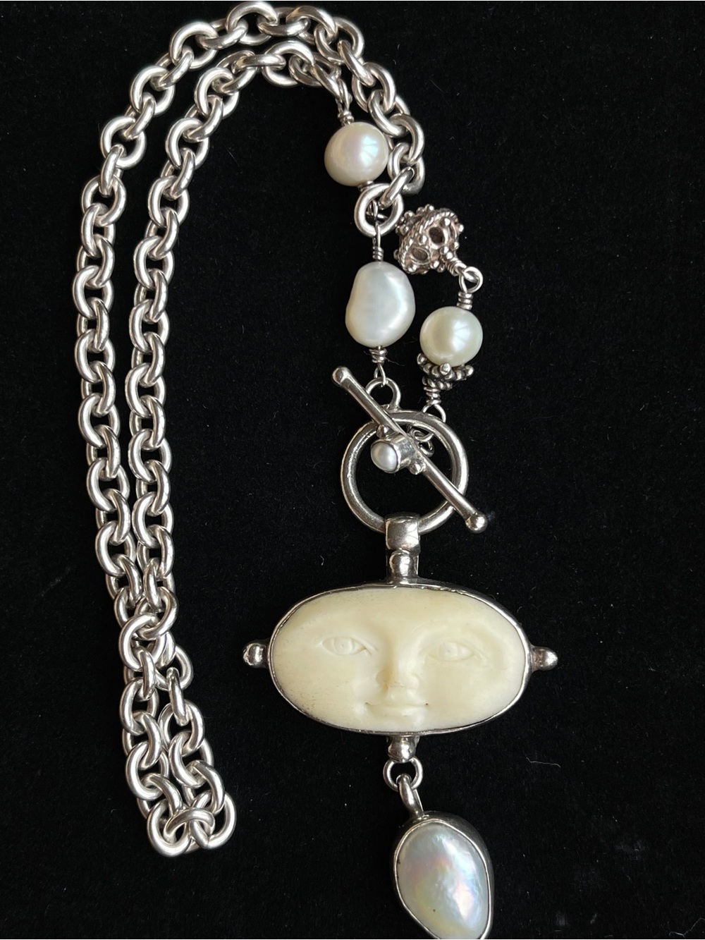 Vintage Handmade Glenda Greenberg Sterling Silver 925 Carved Moon Face Necklace